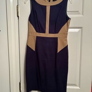 Ann Taylor Sleeveless Colorblock Sheath Dress in Navy and Tan